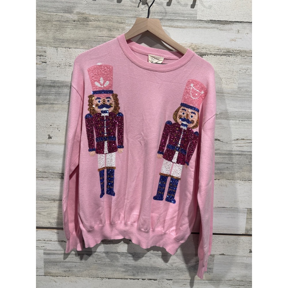 Fantastic Fawn Nutcracker Sweater Women Medium Pink Sequin Holiday‎ Coquette